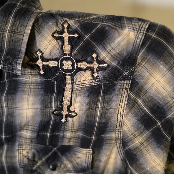 POP ICON CLOTHING Black and Cream Plaid Shirt with Cross Embroidery - Picture 3 of 11